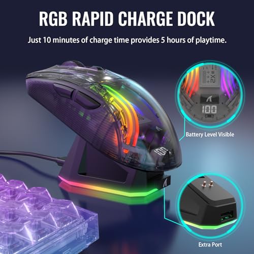 ATTACK SHARK X2 Pro Kabellose Gaming Maus mit Charging Station, Leise Maus Tri-Mode(BT5.0/2.4G Wireless/Typ-C), 4000 DPI RGB Bluetooth Maus Wiederaufladbare, Transparente Schale, für PC/MAC, Schwarz Bild 3