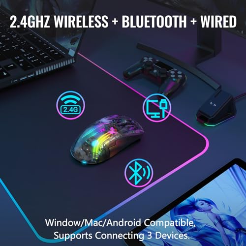 ATTACK SHARK X2 Pro Kabellose Gaming Maus mit Charging Station, Leise Maus Tri-Mode(BT5.0/2.4G Wireless/Typ-C), 4000 DPI RGB Bluetooth Maus Wiederaufladbare, Transparente Schale, für PC/MAC, Schwarz Bild 4