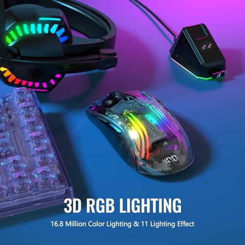 ATTACK SHARK X2 Pro Kabellose Gaming Maus mit Charging Station, Leise Maus Tri-Mode(BT5.0/2.4G Wireless/Typ-C), 4000 DPI RGB Bluetooth Maus Wiederaufladbare, Transparente Schale, für PC/MAC, Schwarz Bild 5