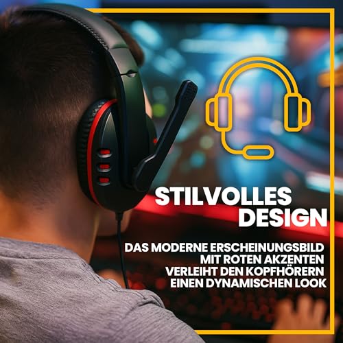 Retoo Gaming Headset mit Mikrofon, Kabelgebundenes Over-Ear Kopfhörer mit 3,5 mm Klinke, Gamer Headset für PS4, PS5, PC, Xbox, Stereo Sound, 20 x 16 x 7 cm, Schwarz-Rot Bild 6