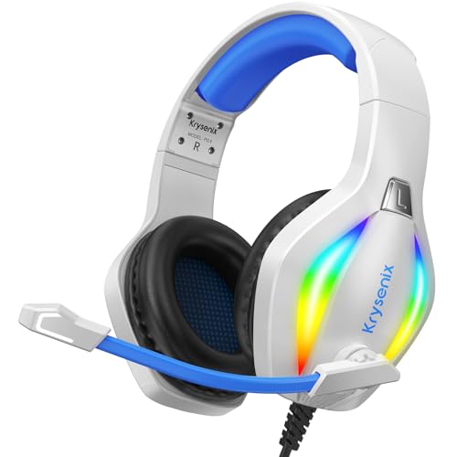 Krysenix PG1 RGB Gaming Headset für PS4, PS5, PC, Nintendo Switch, Xbox one, Headset mit Mikrofon, Gaming Kopfhörer mit Mikrofon, Noise Cancelling Kopfhörer mit 3.5mm Klinke Weiß/Blau Bild 1