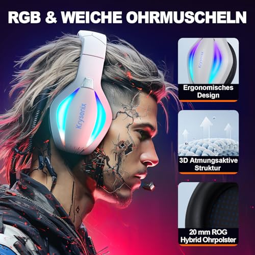 Krysenix PG1 RGB Gaming Headset für PS4, PS5, PC, Nintendo Switch, Xbox one, Headset mit Mikrofon, Gaming Kopfhörer mit Mikrofon, Noise Cancelling Kopfhörer mit 3.5mm Klinke Weiß/Blau Bild 2
