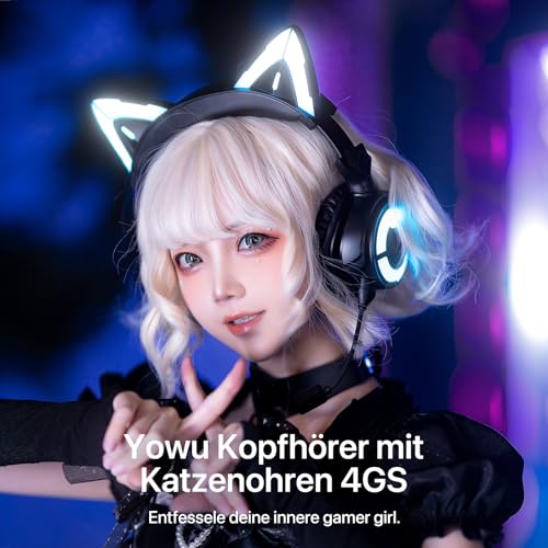 YOWU RGB-Katzenohr-Kopfhörer 4GS, verbessertes kabelloses und kabelgebundenes Gaming-Headset mit aufsteckbarem HD-Mikrofon, aktive Geräuschreduzierung (Schwarz) Bild 2