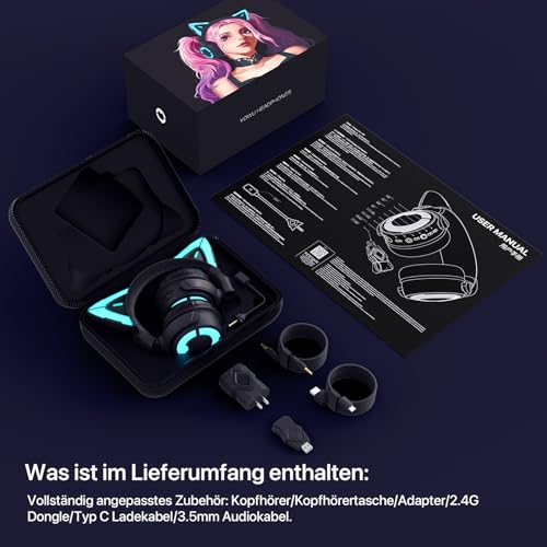 YOWU RGB-Katzenohr-Kopfhörer 4GS, verbessertes kabelloses und kabelgebundenes Gaming-Headset mit aufsteckbarem HD-Mikrofon, aktive Geräuschreduzierung (Schwarz) Bild 5