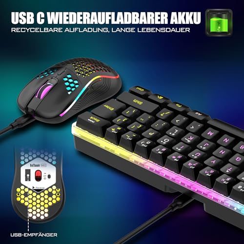 RedThunder 60% Kabelloses RGB Gaming Tastatur und Maus Set, QWERTZ DE Layout, Wiederaufladbare Funktastatur mit Ultraleichte Gaming Maus mit Wabenkonstruktion, für PC MAC PS5 Xbox Gamer, Büro. Bild 3