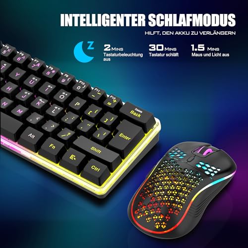 RedThunder 60% Kabelloses RGB Gaming Tastatur und Maus Set, QWERTZ DE Layout, Wiederaufladbare Funktastatur mit Ultraleichte Gaming Maus mit Wabenkonstruktion, für PC MAC PS5 Xbox Gamer, Büro. Bild 4