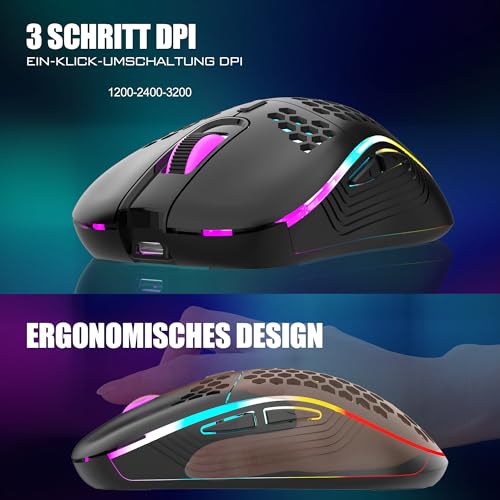 RedThunder 60% Kabelloses RGB Gaming Tastatur und Maus Set, QWERTZ DE Layout, Wiederaufladbare Funktastatur mit Ultraleichte Gaming Maus mit Wabenkonstruktion, für PC MAC PS5 Xbox Gamer, Büro. Bild 6