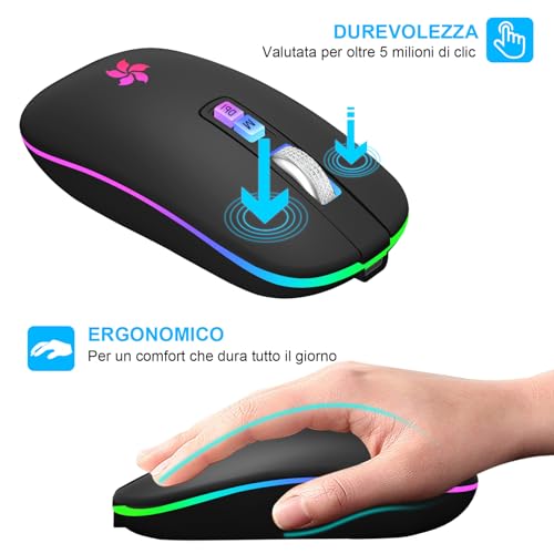 HOTLIFE Kabellose Maus für Laptop, Bluetooth Mouse mit 3 DPI für Office Home, 2,4 Ghz Wiederaufladbare Maus Ergonomische 7-Farben RGB Kompatibel mit Windows Mac OS Android iPad(Schwarz) Bild 6