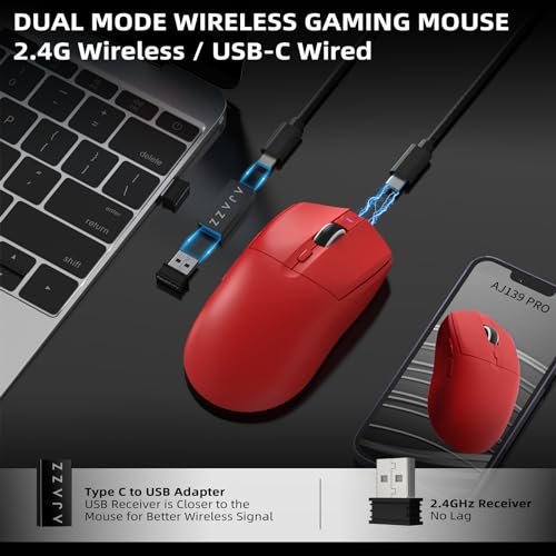AJAZZ AJ139 PRO X SUPERLIGHT Kabellose Gaming-Maus,Ultraleicht(59g),Pixart PAW3395 Optischer Sensor,26000 DPI,2.4GHz/USB C Verkabelt,6 Programmierbare Tasten,200 Stunden Akkulaufzeit,für PC/MAC –Rote Bild 3