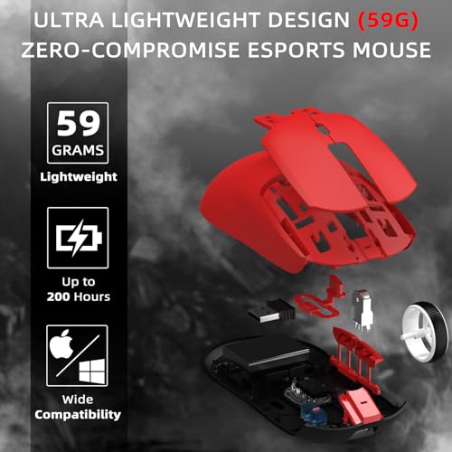 AJAZZ AJ139 PRO X SUPERLIGHT Kabellose Gaming-Maus,Ultraleicht(59g),Pixart PAW3395 Optischer Sensor,26000 DPI,2.4GHz/USB C Verkabelt,6 Programmierbare Tasten,200 Stunden Akkulaufzeit,für PC/MAC –Rote Bild 4