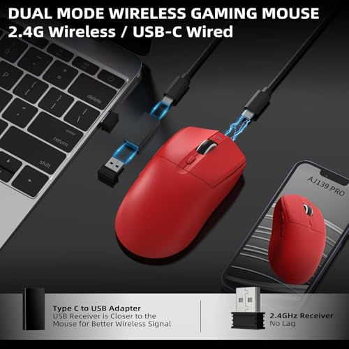 AJ139PRO Kabellose Gaming Maus, Leichtgewicht 59g FPS Mäuse, Optischer Sensor PixArt PAW3395, 26K DPI, Dual-Modus 2.4G / Kabelgebundene Maus, 6 programmierbare Tasten, für Xbox/Win/Mac - Rote Bild 2