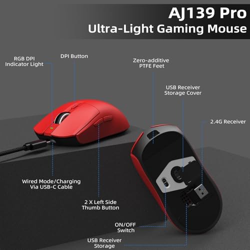 AJ139PRO Kabellose Gaming Maus, Leichtgewicht 59g FPS Mäuse, Optischer Sensor PixArt PAW3395, 26K DPI, Dual-Modus 2.4G / Kabelgebundene Maus, 6 programmierbare Tasten, für Xbox/Win/Mac - Rote Bild 4