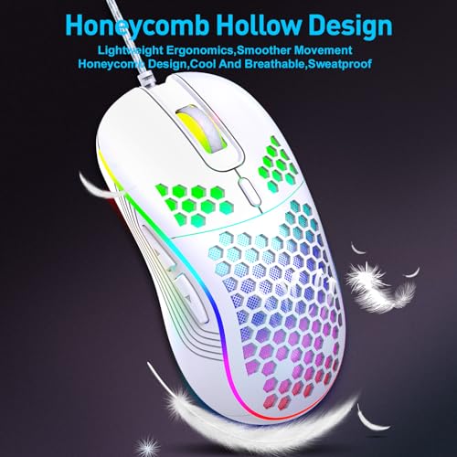 JYCSTE Kabelgebundene Gaming Maus, RGB-Hintergrundbeleuchtung und 7200 einstellbare DPI, ergonomische und leichte USB-Computermaus mit hochpräzisem Sensor für Windows PC & Laptop-Gamer (Weiß) Bild 2