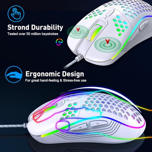 JYCSTE Kabelgebundene Gaming Maus, RGB-Hintergrundbeleuchtung und 7200 einstellbare DPI, ergonomische und leichte USB-Computermaus mit hochpräzisem Sensor für Windows PC & Laptop-Gamer (Weiß) Bild 3
