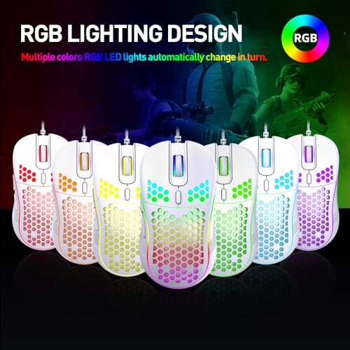 JYCSTE Kabelgebundene Gaming Maus, RGB-Hintergrundbeleuchtung und 7200 einstellbare DPI, ergonomische und leichte USB-Computermaus mit hochpräzisem Sensor für Windows PC & Laptop-Gamer (Weiß) Bild 5
