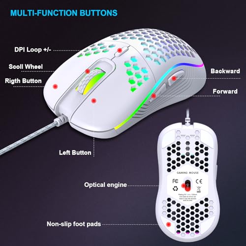 JYCSTE Kabelgebundene Gaming Maus, RGB-Hintergrundbeleuchtung und 7200 einstellbare DPI, ergonomische und leichte USB-Computermaus mit hochpräzisem Sensor für Windows PC & Laptop-Gamer (Weiß) Bild 6