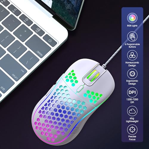 JYCSTE Kabelgebundene Gaming Maus, RGB-Hintergrundbeleuchtung und 7200 einstellbare DPI, ergonomische und leichte USB-Computermaus mit hochpräzisem Sensor für Windows PC & Laptop-Gamer (Weiß) Bild 7