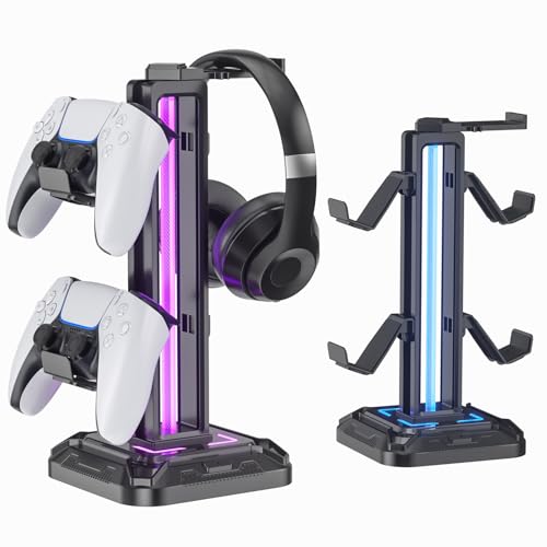 KDD Gaming Kopfhörer Ständer Led mit 9 Lichtmodi - Drehbarer Headset Halterung Tisch mit Abnehmbarer Controller Halterung - Headset Ständer Gaming Zubehör für Gamer PC Xbox ONE PS5(Schwarz) Bild 1