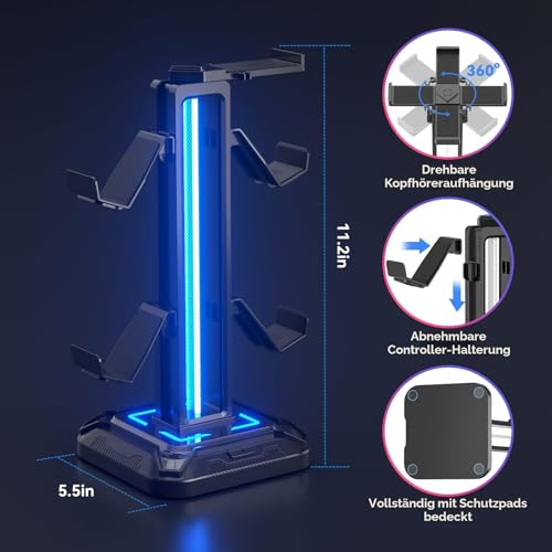 KDD Gaming Kopfhörer Ständer Led mit 9 Lichtmodi - Drehbarer Headset Halterung Tisch mit Abnehmbarer Controller Halterung - Headset Ständer Gaming Zubehör für Gamer PC Xbox ONE PS5(Schwarz) Bild 4