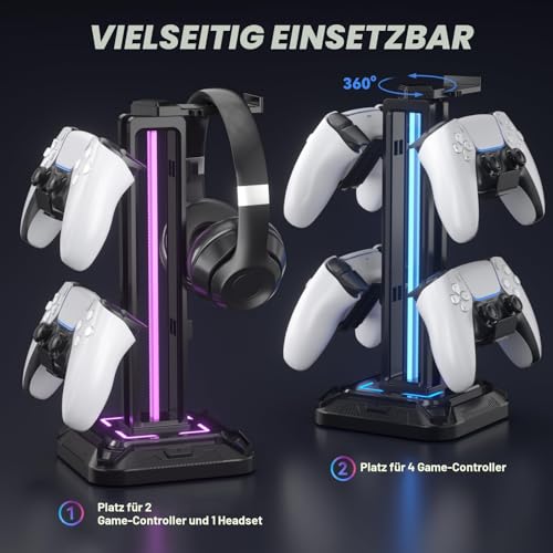 KDD Gaming Kopfhörer Ständer Led mit 9 Lichtmodi - Drehbarer Headset Halterung Tisch mit Abnehmbarer Controller Halterung - Headset Ständer Gaming Zubehör für Gamer PC Xbox ONE PS5(Schwarz) Bild 6