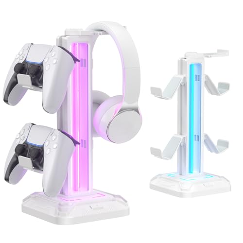 KDD Gaming Kopfhörer Ständer Led mit 9 Lichtmodi - Drehbarer Headset Halterung Tisch mit Abnehmbarer Controller Halterung - Headset Ständer Gaming Zubehör für Gamer PC Xbox ONE PS5(Weiß) Bild 1