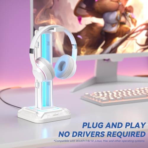 KDD Gaming Kopfhörer Ständer Led mit 9 Lichtmodi - Drehbarer Headset Halterung Tisch mit Abnehmbarer Controller Halterung - Headset Ständer Gaming Zubehör für Gamer PC Xbox ONE PS5(Weiß) Bild 3