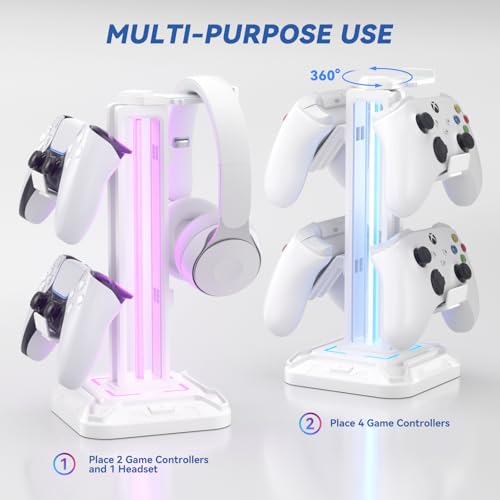 KDD Gaming Kopfhörer Ständer Led mit 9 Lichtmodi - Drehbarer Headset Halterung Tisch mit Abnehmbarer Controller Halterung - Headset Ständer Gaming Zubehör für Gamer PC Xbox ONE PS5(Weiß) Bild 4