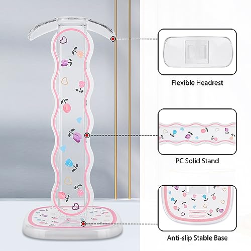 Blumen Headset Halterung für Alle Kopfhörergrößen, Abnehmbarer Tragbarer Kopfhörer-Schreibtischständer mit Tulpen Muster für Frauen, Transparent Acryl mit Solidem Sockel für AKG Gaming Headset Bild 2