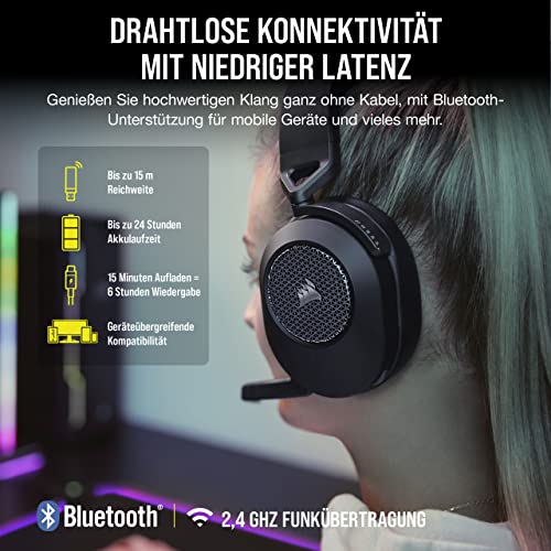 Corsair HS65 Wireless Gaming-Headset - Geringer Latenz 2,4-GHz-Wireless- oder Bluetooth, Dolby® Audio 7.1-Surround-Sound, Leichtgewicht, Omnidirektionales Mikrofon, Zugängliche Tasten - Carbon Bild 3
