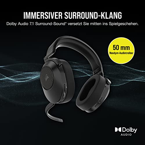 Corsair HS65 Wireless Gaming-Headset - Geringer Latenz 2,4-GHz-Wireless- oder Bluetooth, Dolby® Audio 7.1-Surround-Sound, Leichtgewicht, Omnidirektionales Mikrofon, Zugängliche Tasten - Carbon Bild 5
