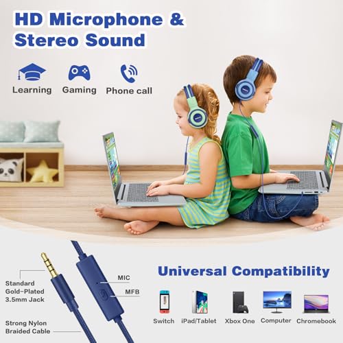 SIMOLIO Kinder-Kopfhörer für Schule, sichere Lautstärkeregelung, Kopfhörer mit Mikrofon, verstellbar, langlebig und faltbar, Stereo-Headsets mit Kabel für Kinder, Kleinkinder, Jungen, Mädchen, Bild 5