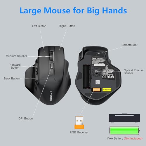 Große kabellose USB-Maus für große Hände, 2,4 G optische Gaming-Maus, 4800 DPI, 6 Tasten, tragbar für PC Mac, Schwarz Bild 2
