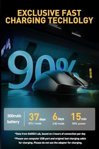 DAREU A950pro 4K Wireless Gaming Mouse: 55 g Ultraleicht, 4 kHz Abtastrate, Optischer Sensor PAW3395, 5 Programmierbare Tasten, Unterstützt 15-minütiges Schnellladen und Tri-Mode-Verbindung (Schwarz) Bild 4