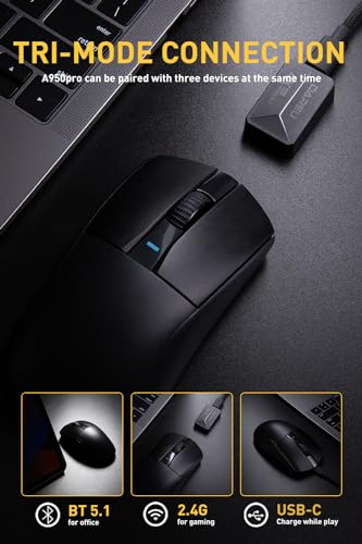 DAREU A950pro 4K Wireless Gaming Mouse: 55 g Ultraleicht, 4 kHz Abtastrate, Optischer Sensor PAW3395, 5 Programmierbare Tasten, Unterstützt 15-minütiges Schnellladen und Tri-Mode-Verbindung (Schwarz) Bild 6