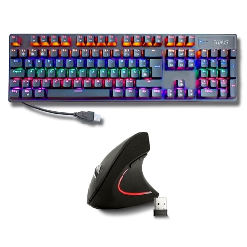 Eaxus® USB Tastatur und Maus Set - Mechanische Gaming Tastatur LED Gaming Keyboard mit Blue Switches + Ergonon Vertikale Maus kabellos Bild 1