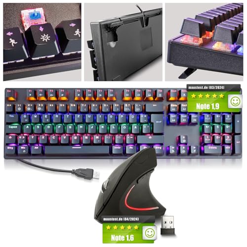 Eaxus® USB Tastatur und Maus Set - Mechanische Gaming Tastatur LED Gaming Keyboard mit Blue Switches + Ergonon Vertikale Maus kabellos Bild 2