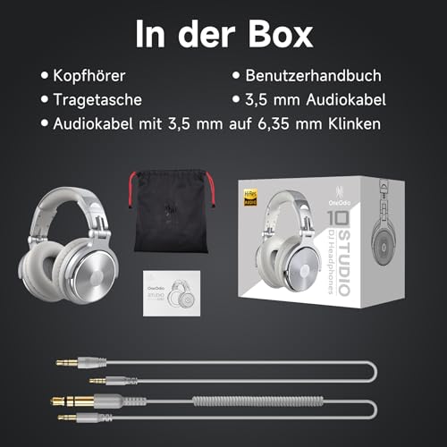 OneOdio Over Ear Kopfhörer mit Kabel, 50mm Treiber, Bassklang, 6.35 & 3.5mm Klinke, Share-Port, Geschlossene DJ Headphones für Studio, Podcast, Monitor, Handy, PC, MP3/4 (Pro-10 Silber Grau) Bild 7