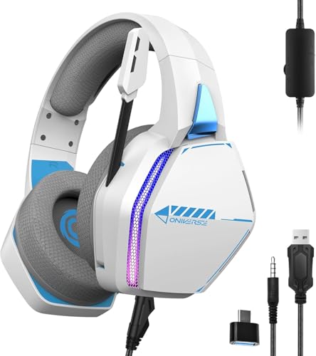 Oniverse Gaming-Headset kompatibel mit PS5 PS4 Switch Xbox PC Mac mit verstellbarem Mikrofon, LED, 50mm Lautsprechern, atmungsaktiven Stoff-Ohrpolstern - Nebula Arktisch White Bild 1