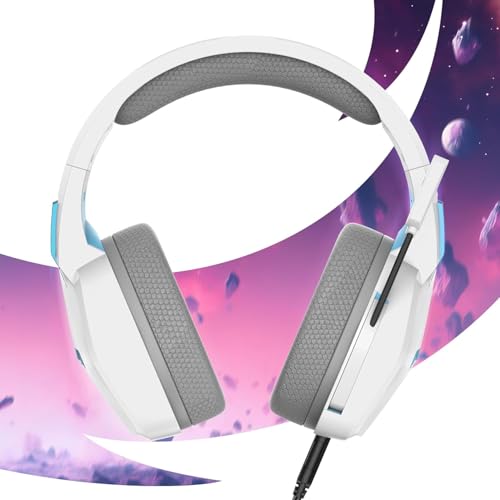 Oniverse Gaming-Headset kompatibel mit PS5 PS4 Switch Xbox PC Mac mit verstellbarem Mikrofon, LED, 50mm Lautsprechern, atmungsaktiven Stoff-Ohrpolstern - Nebula Arktisch White Bild 3
