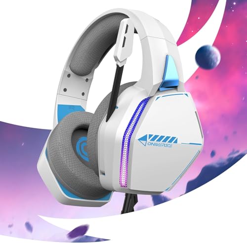 Oniverse Gaming-Headset kompatibel mit PS5 PS4 Switch Xbox PC Mac mit verstellbarem Mikrofon, LED, 50mm Lautsprechern, atmungsaktiven Stoff-Ohrpolstern - Nebula Arktisch White Bild 5