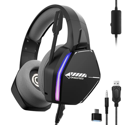 Oniverse Gaming-Headset kompatibel mit PS5 PS4 Switch Xbox PC Mac mit verstellbarem Mikrofon, LED, 50mm Lautsprechern, atmungsaktiven Stoff-Ohrpolstern - Nebula Infinite Black Bild 1