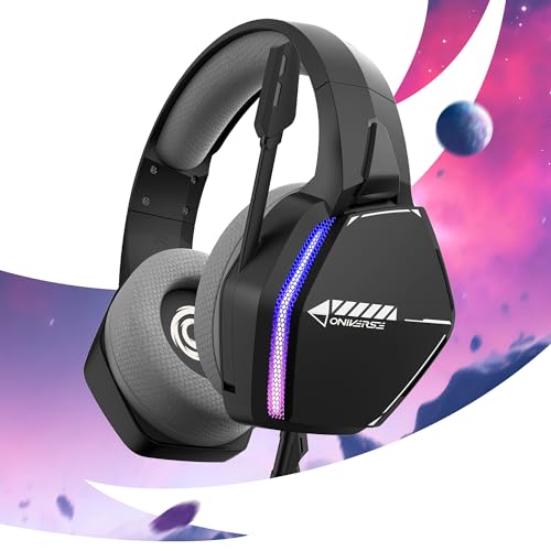 Oniverse Gaming-Headset kompatibel mit PS5 PS4 Switch Xbox PC Mac mit verstellbarem Mikrofon, LED, 50mm Lautsprechern, atmungsaktiven Stoff-Ohrpolstern - Nebula Infinite Black Bild 4