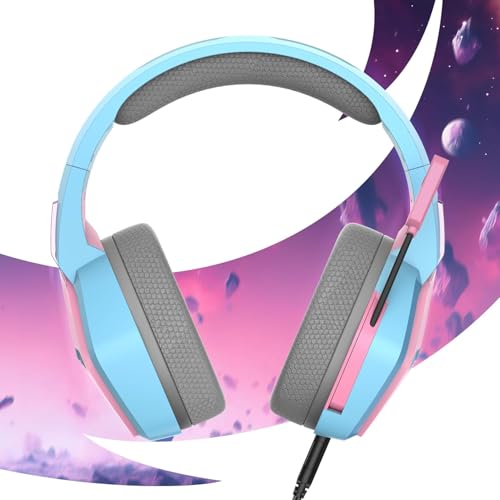 Oniverse Gaming-Headset kompatibel mit PS5 PS4 Switch Xbox PC Mac mit verstellbarem Mikrofon, LED, 50mm Lautsprechern, atmungsaktiven Stoff-Ohrpolstern - Nebula Diva Pink Bild 3