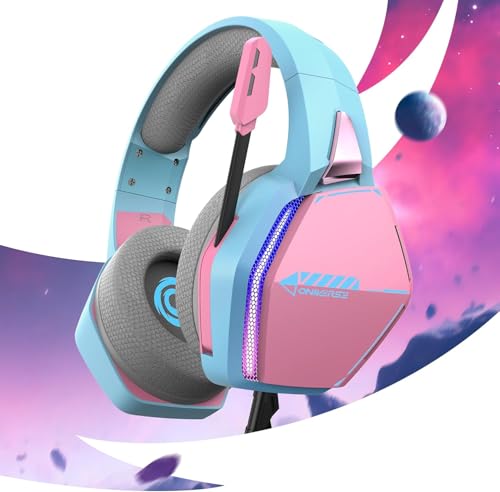 Oniverse Gaming-Headset kompatibel mit PS5 PS4 Switch Xbox PC Mac mit verstellbarem Mikrofon, LED, 50mm Lautsprechern, atmungsaktiven Stoff-Ohrpolstern - Nebula Diva Pink Bild 5