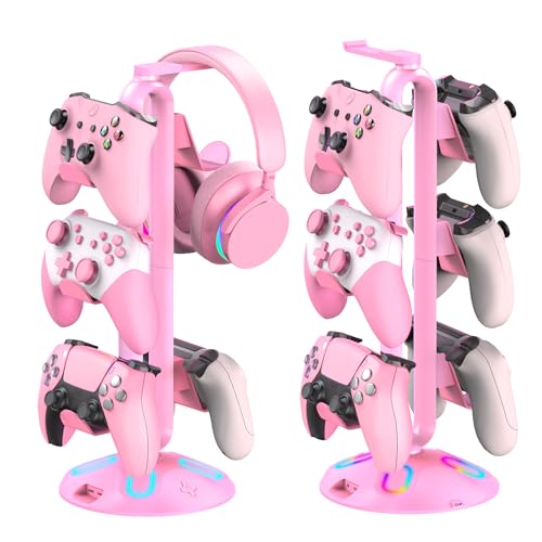 Gaming RGB Kopfhörerständer, Controller-Halter mit 9 Lichtmodi – Headset-Ständer mit 2 USB-Ladeanschlüssen und 3,5 mm & Typ-C – Controller-Ständer Aufhänger Zubehör für Schreibtisch und Gamer Bild 1