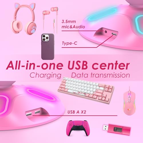 Gaming RGB Kopfhörerständer, Controller-Halter mit 9 Lichtmodi – Headset-Ständer mit 2 USB-Ladeanschlüssen und 3,5 mm & Typ-C – Controller-Ständer Aufhänger Zubehör für Schreibtisch und Gamer Bild 3