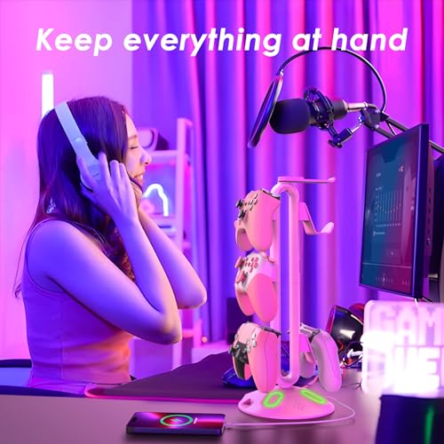 Gaming RGB Kopfhörerständer, Controller-Halter mit 9 Lichtmodi – Headset-Ständer mit 2 USB-Ladeanschlüssen und 3,5 mm & Typ-C – Controller-Ständer Aufhänger Zubehör für Schreibtisch und Gamer Bild 4