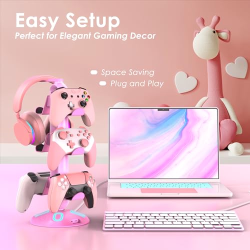 Gaming RGB Kopfhörerständer, Controller-Halter mit 9 Lichtmodi – Headset-Ständer mit 2 USB-Ladeanschlüssen und 3,5 mm & Typ-C – Controller-Ständer Aufhänger Zubehör für Schreibtisch und Gamer Bild 5