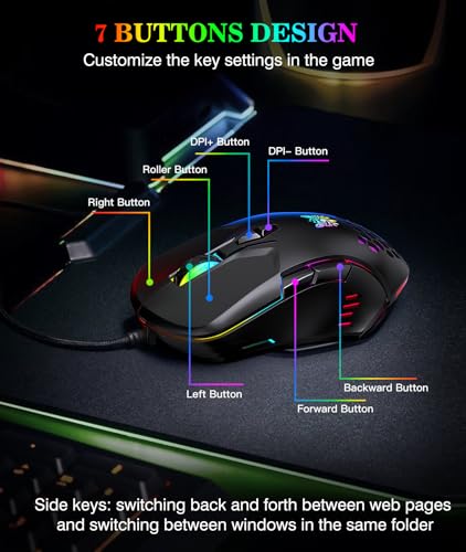 Kabelgebundene PC-Gaming-Maus: Hochpräziser Sensor, RGB-Hintergrundbeleuchtung, einstellbare DPI, 7 programmierbare Tasten, ergonomische Maus für Büro und Gaming unter Windows/Mac/Linux/Chrome OS Bild 6