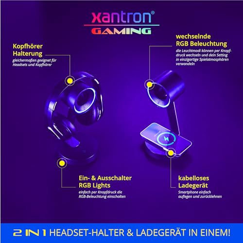 Xantron® Headset Halterung mit dynamischer RGB Beleuchtung & Induktiver Ladestation/Ideal für passionierte Gamer/Universal Headset Ständer/Kopfhörer Halter als Gaming Zubehör Bild 3